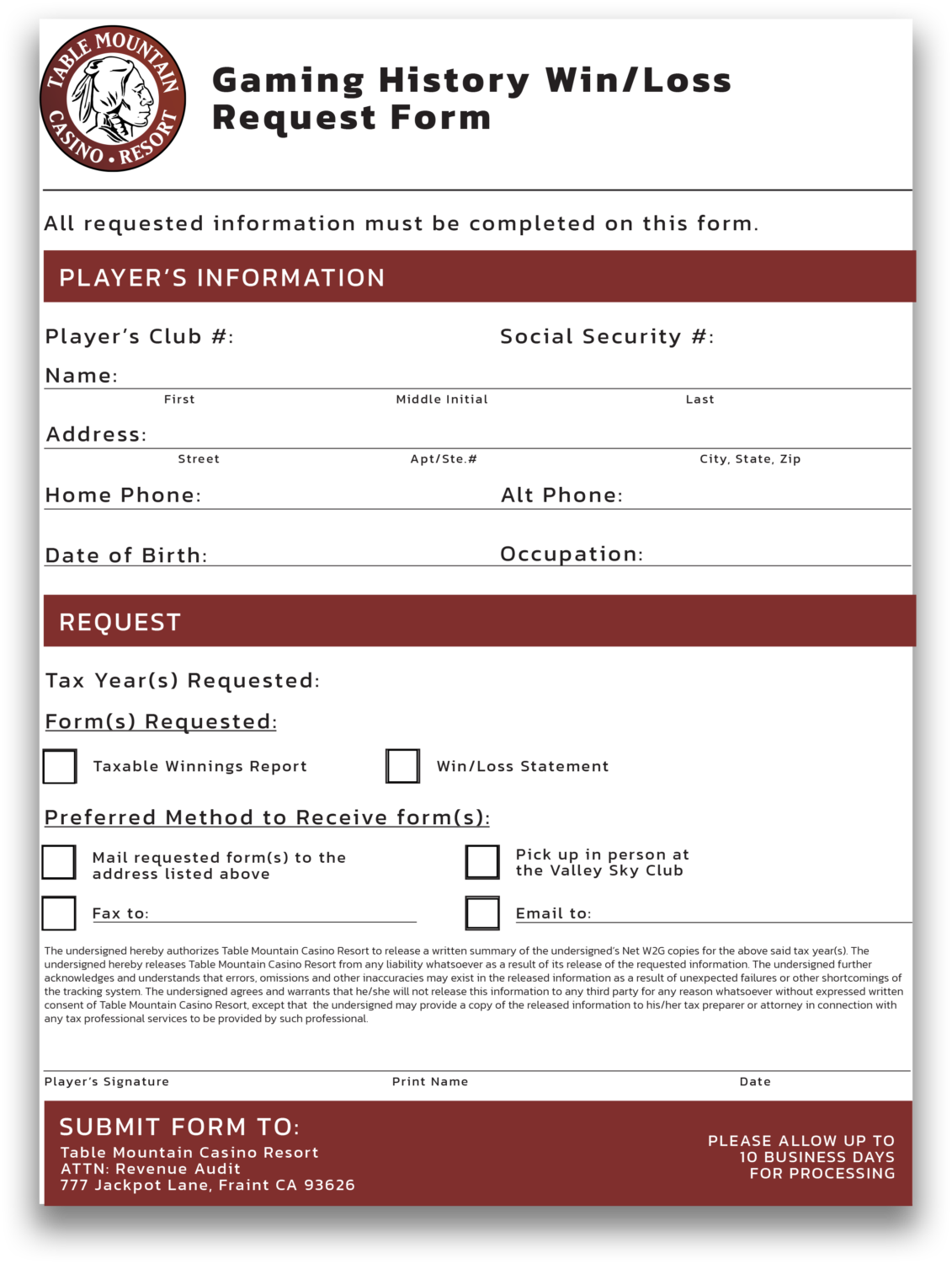 Win/Loss Statement Table Mountain Casino Slots, Table Games